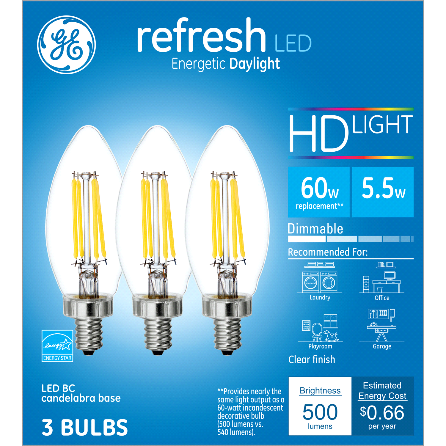 slide 1 of 2, GE Refresh HD LED 60W EQ Clear Decorative Candelabra Base Blunt Tip Dimmable Light Bulb 3-Pack, 1 ct