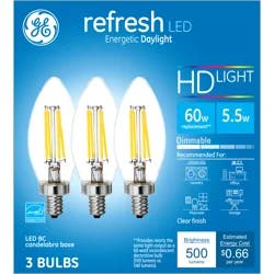 GE Refresh HD LED 60W EQ Clear Decorative Candelabra Base Blunt Tip Dimmable Light Bulb 3-Pack