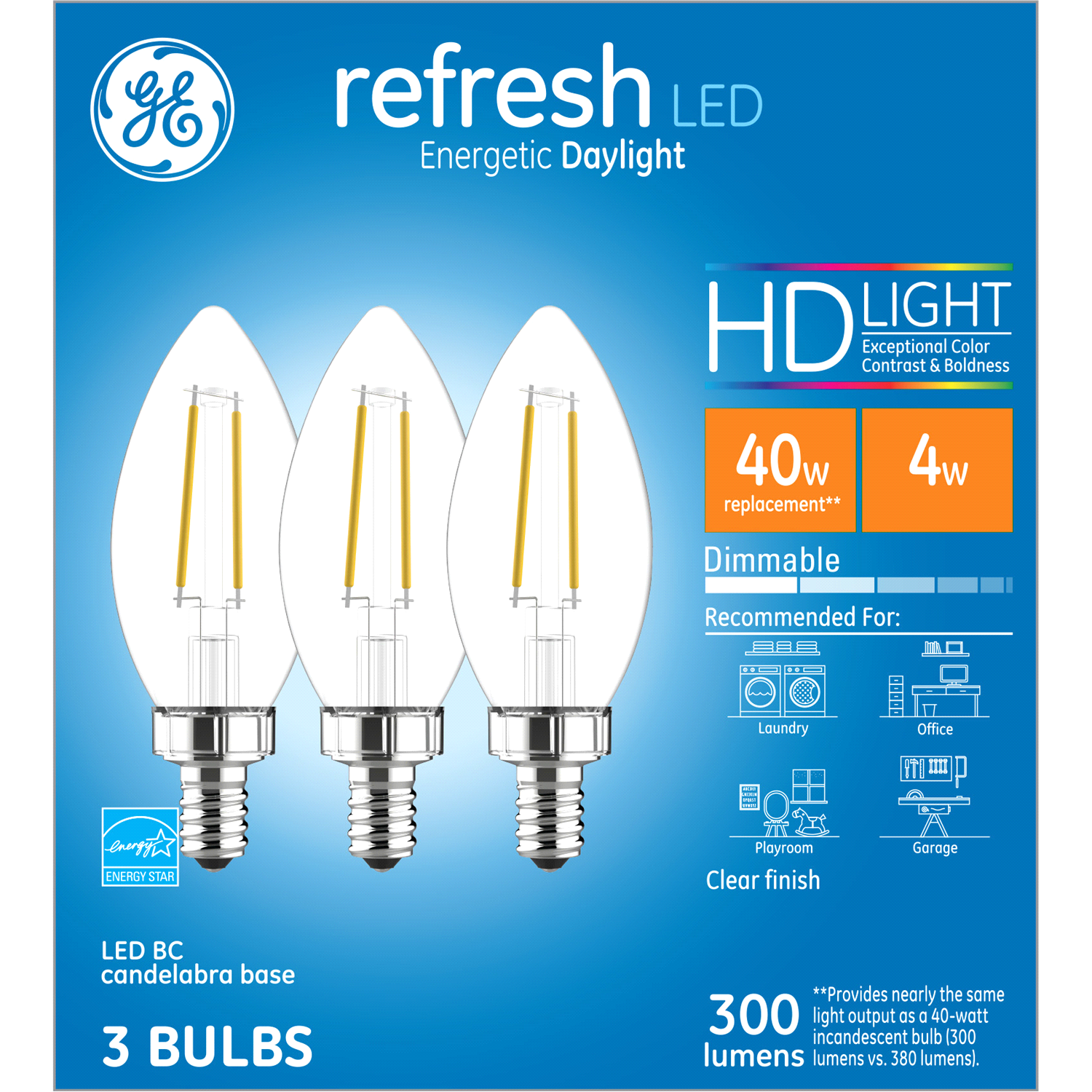 slide 1 of 2, GE Refresh HD LED 40W EQ Clear Decorative Candelabra Base Blunt Tip Dimmable Light Bulb 3-Pack, 1 ct