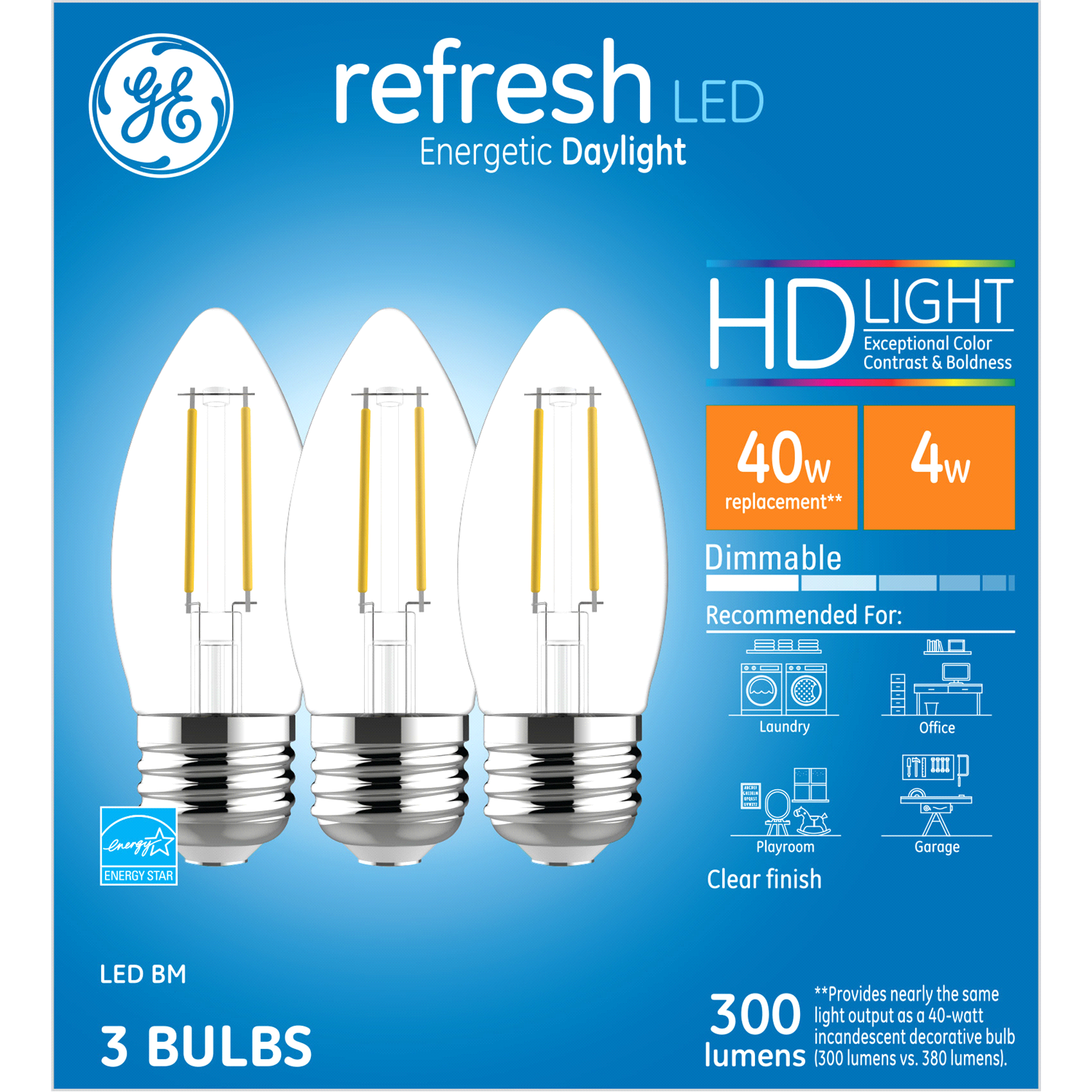 slide 1 of 2, GE Refresh HD LED 40W EQ Clear Decorative Medium Base Blunt Tip Dimmable Light Bulb 3-Pack, 40w