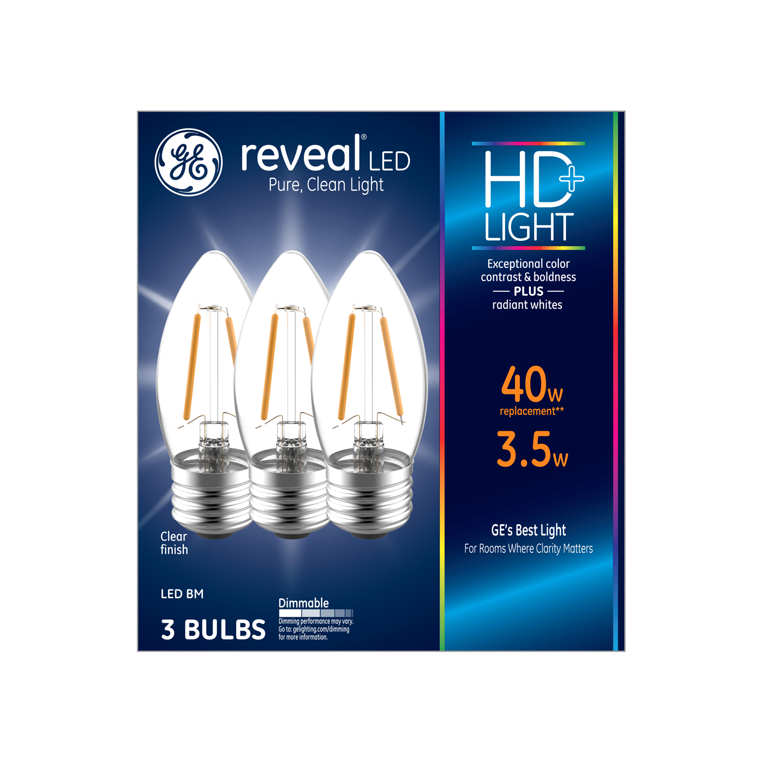 slide 1 of 2, GE Reveal HD+ 40W Replacement LED Decorative Clear Blunt Tip Medium Base BM Light Bulbs, 3 ct