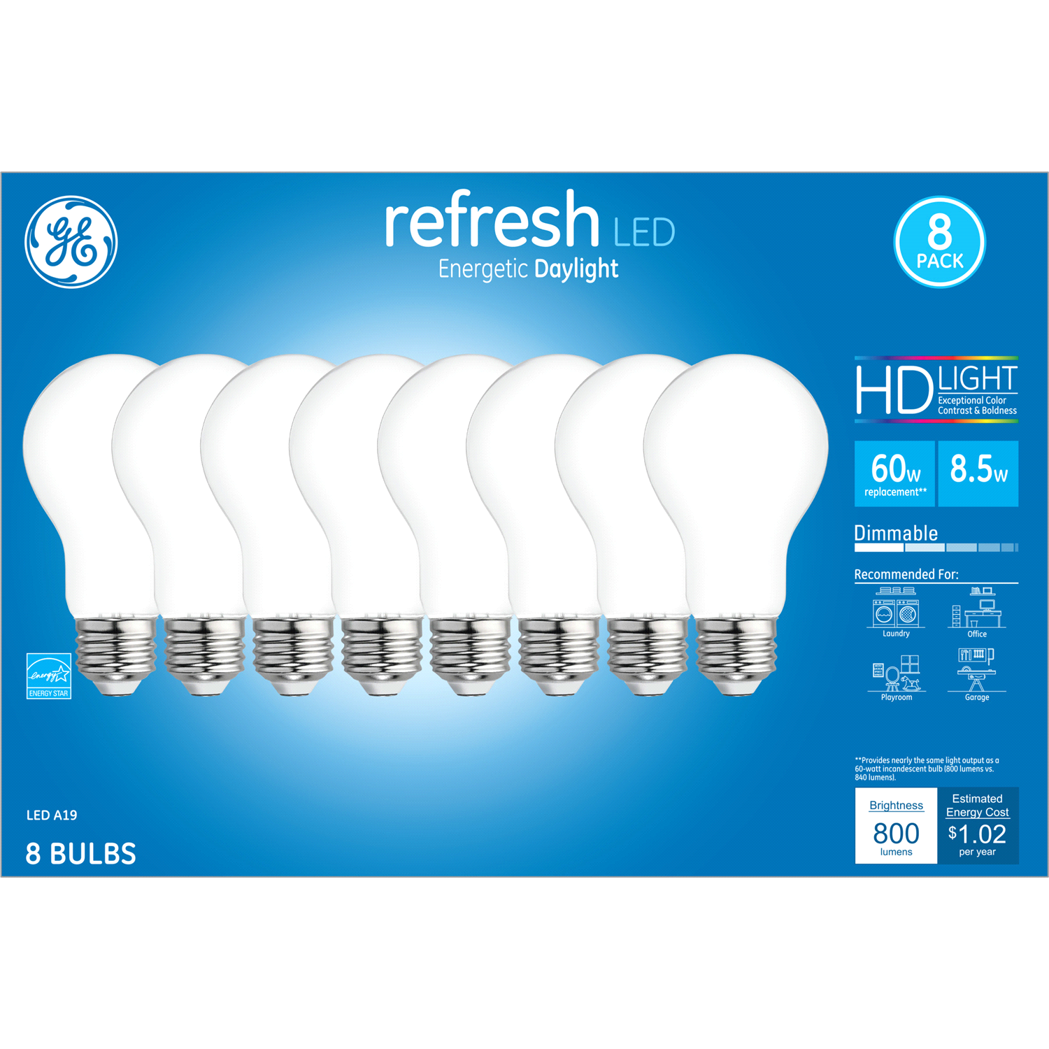 slide 1 of 2, GE REFRESH LED HD 60W A19 AG DIM, 8 ct