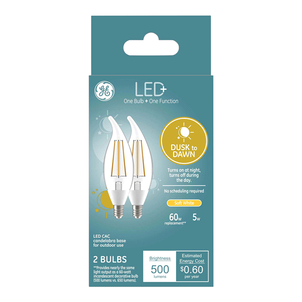 slide 1 of 1, GE Lighting LED+ Dusk to Dawn LED Light Bulbs, 60W Replacement, Candelabra Base, Soft White, Bent Tip Chandelier Light Bulbs CAC Damp-Rated Outdoor Light Bulbs, 2 ct