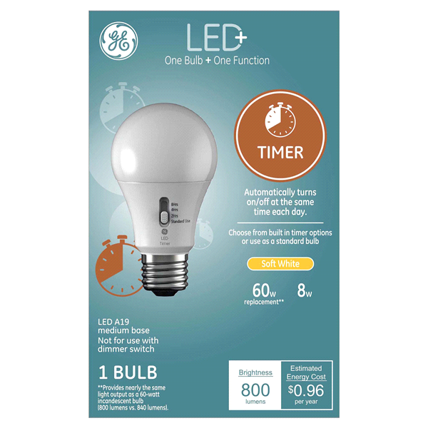 slide 1 of 1, GE LED+ Timer 60W Replacement LED Indoor General Purpose Light Bulb, 1 ct