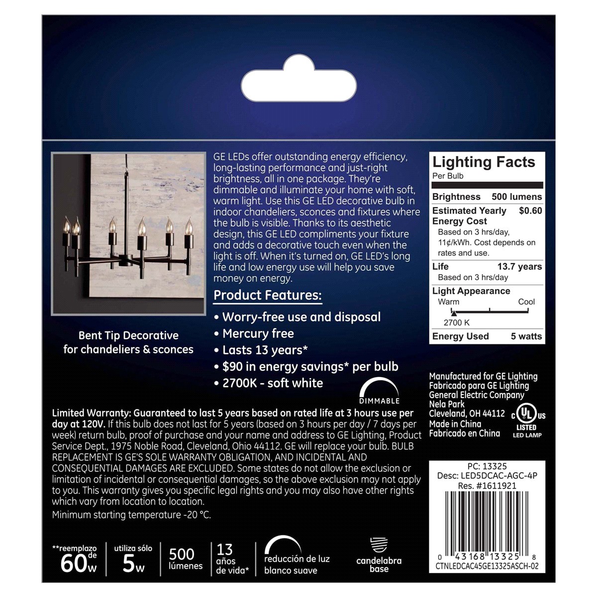 slide 2 of 2, GE Soft White 60W Replacement LED Light Bulbs Decorative Clear Bent Tip Candelabra Base CAC, 1 ct