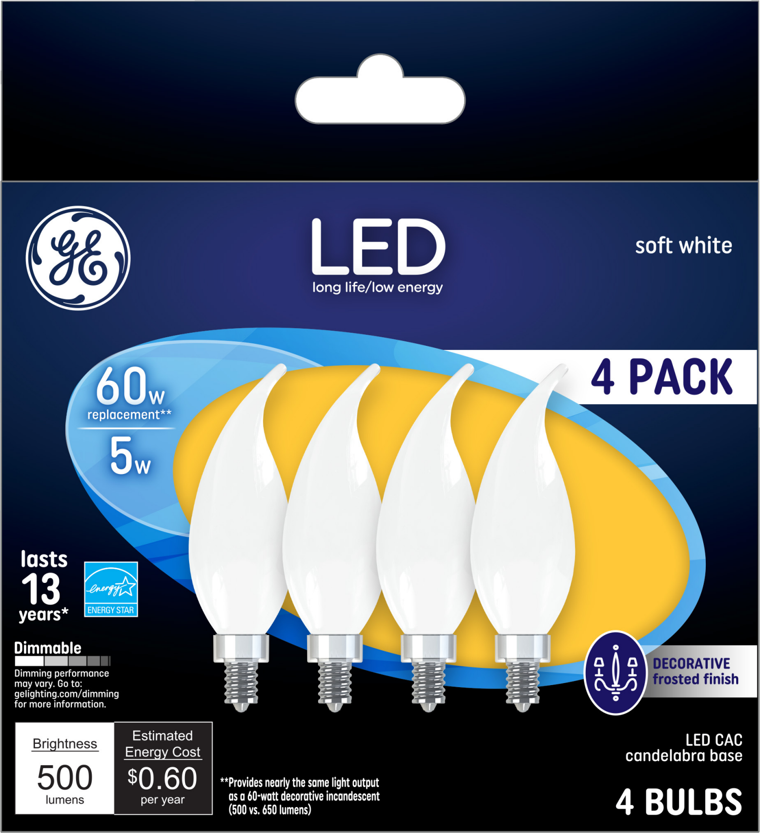 slide 1 of 2, GE LED 60W Frost Decorate Candelabra Base Bent Tip Soft White Dimmable Light Bulb 4-Pack, 1 ct
