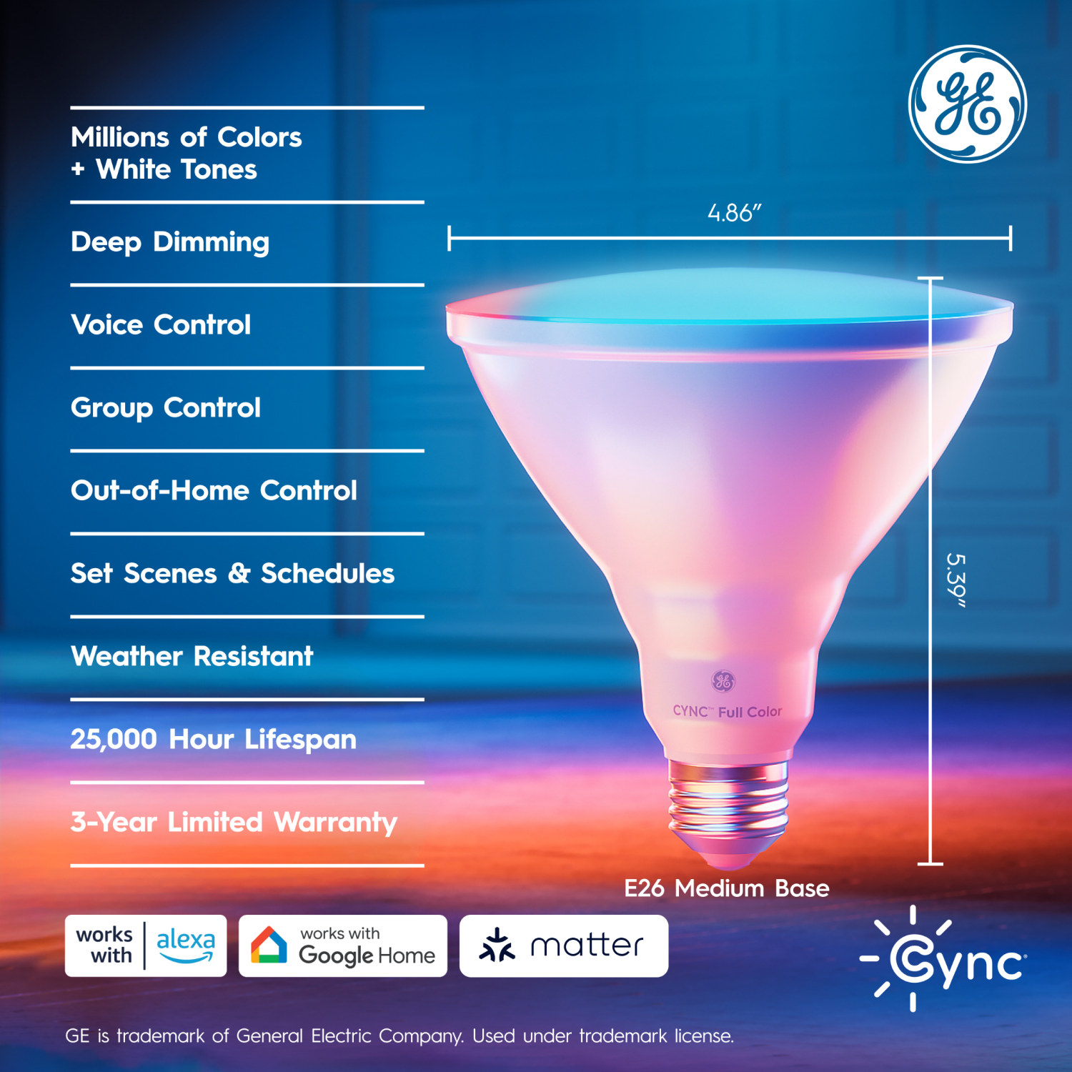 slide 2 of 3, GE CYNC Full Color Direct Connect Outdoor Floodlight PAR38 Bulb, 1 ct