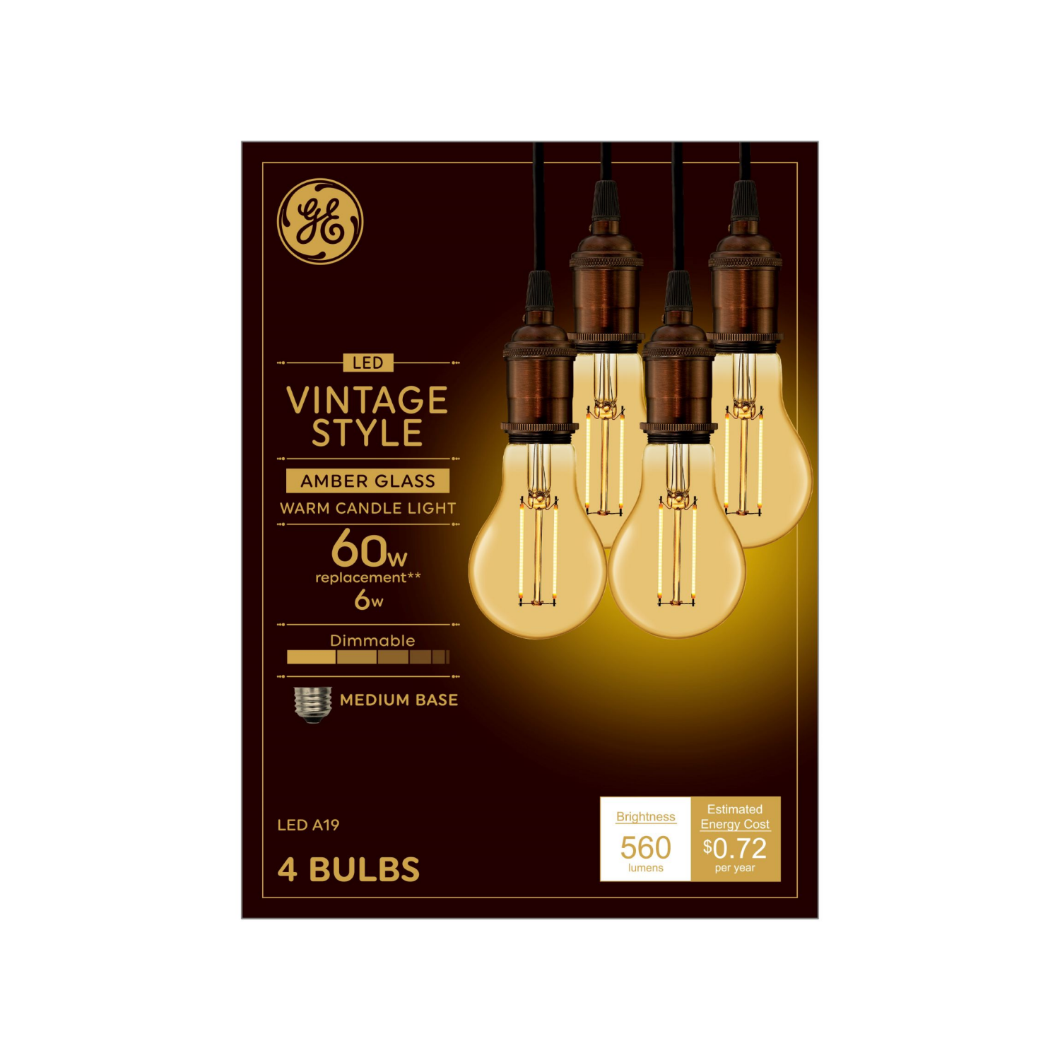 slide 1 of 2, GE LED Vintage 60W EQ A19 Warm Candle Light Dimmable Light Bulb 4-Pack, 4 ct