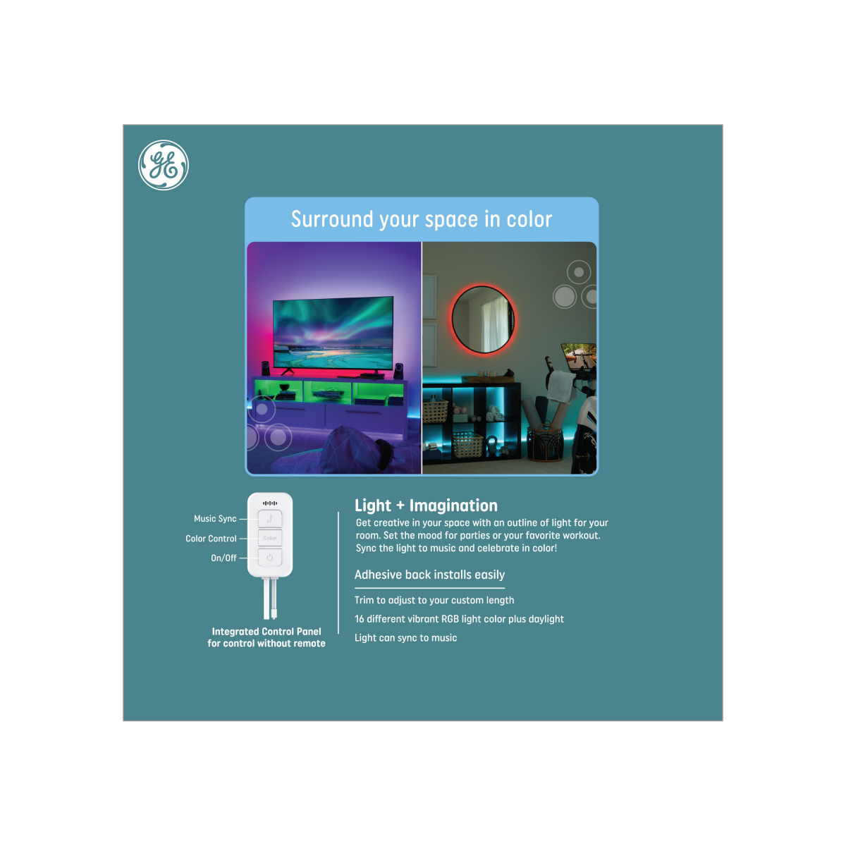 slide 2 of 2, General Electric GE 16ft Remote and Control Panel Included LED+ Color Changing Light Strip, 16 ft
