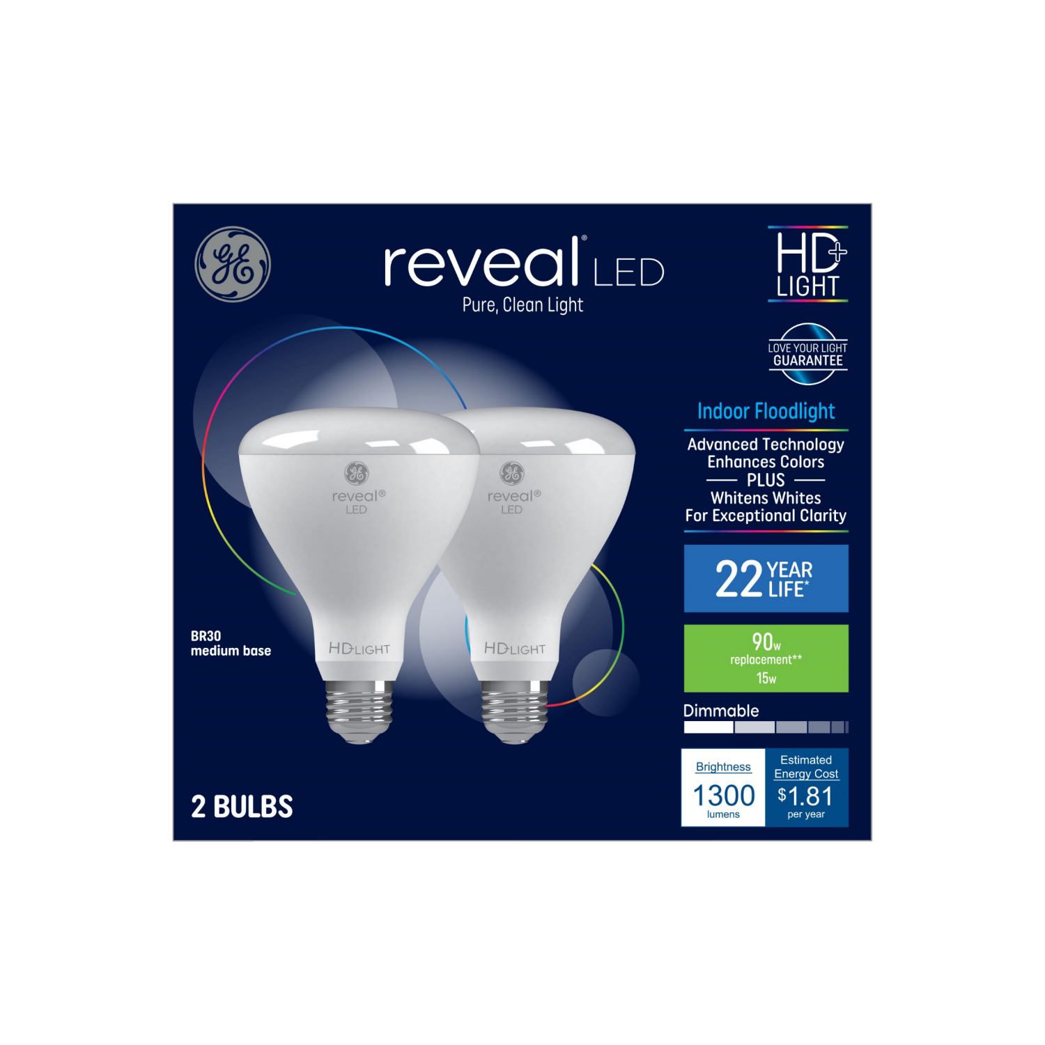 slide 1 of 2, Ge Reveal Hd Led 90W Br30 Dim, 2 ct