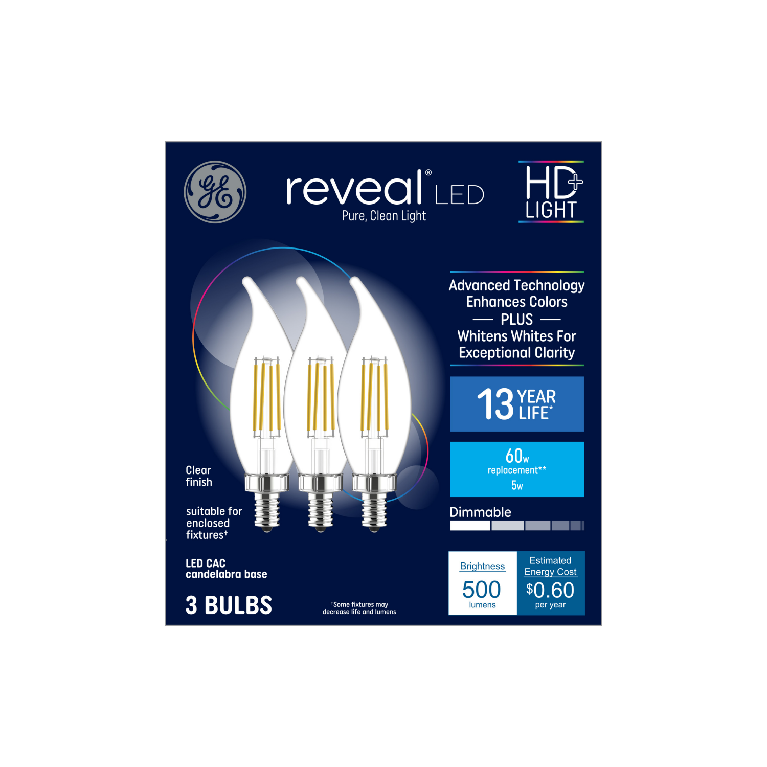 slide 1 of 2, Ge Reveal Hd Led 60W Cac Clear Bent Dim, 3 ct