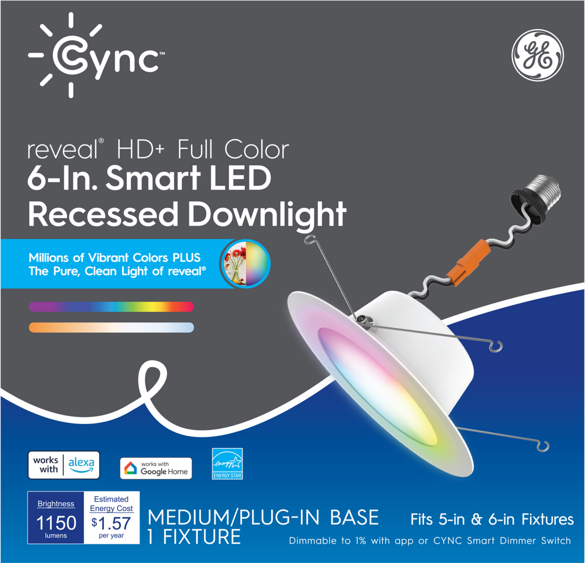 slide 1 of 5, GE Cync Smart Bluetooth Compatibility White 5-in or 6-in 1150-Lumen Switchable White Round Dimmable LED Canned Recessed Downlight, 1 ct