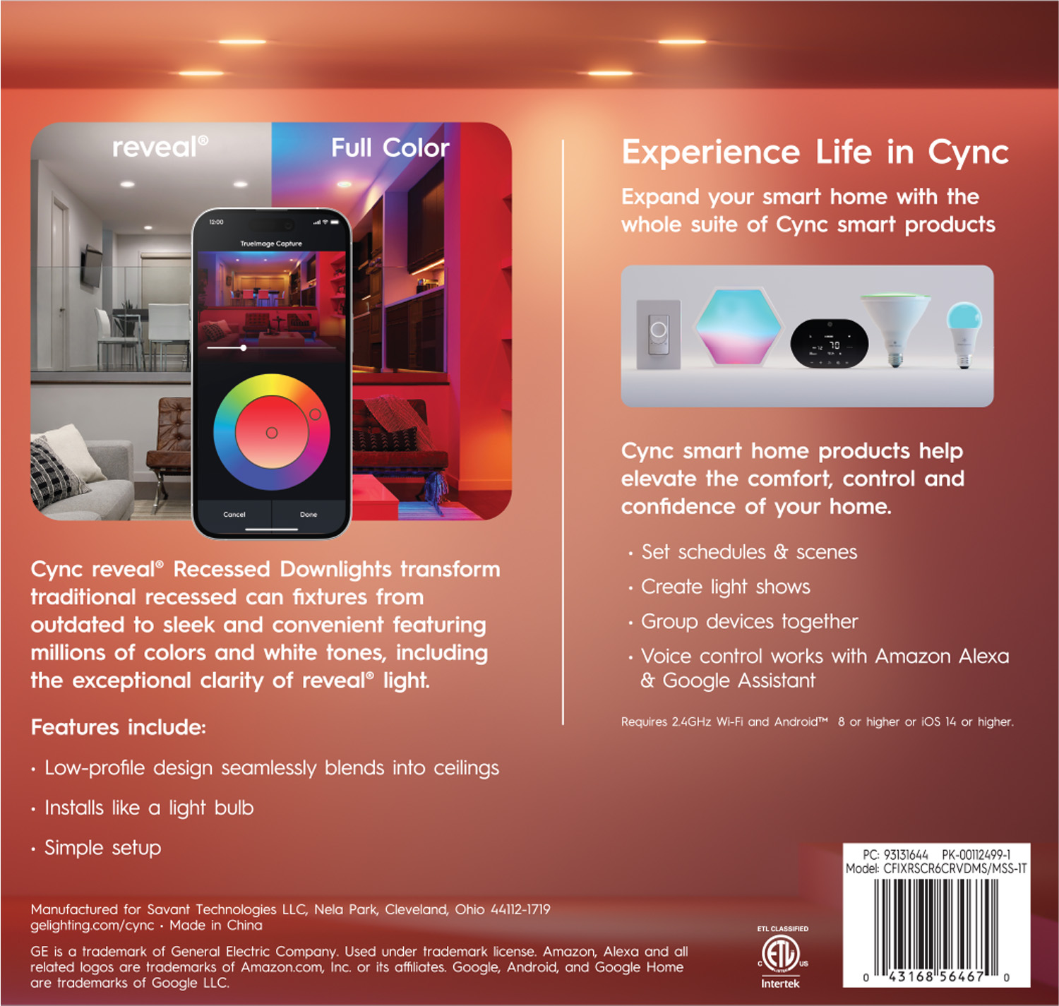 slide 2 of 4, GE Household Lighting GE CYNC Smart LED Wafer Downlight Full Color: Energy Star Certified Recessed Light, Alexa & Google Compatible, 1150 Lumens, 1 ct