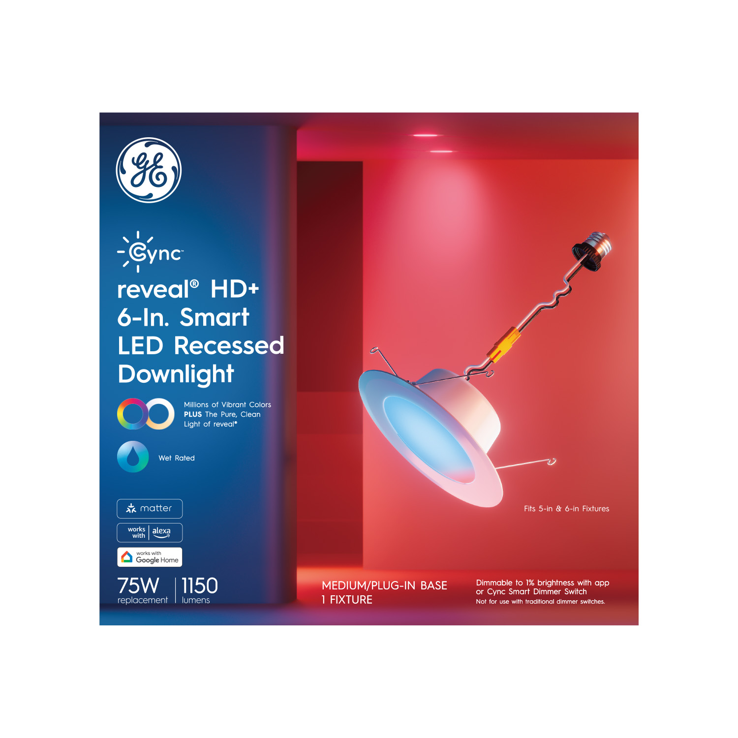 slide 1 of 4, GE Household Lighting GE CYNC Smart LED Wafer Downlight Full Color: Energy Star Certified Recessed Light, Alexa & Google Compatible, 1150 Lumens, 1 ct