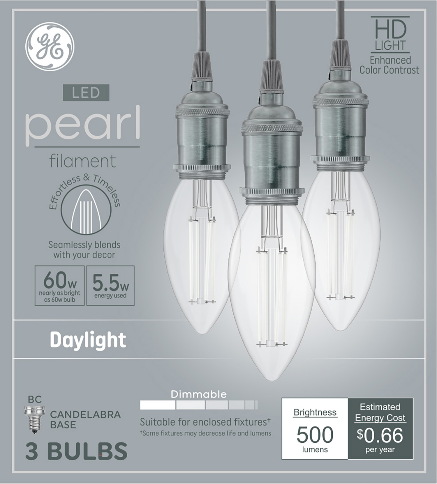 slide 1 of 2, GE LED 60W CAC Deco White Pearl Filament Clear Daylight Dim 3 Pk, 3 ct