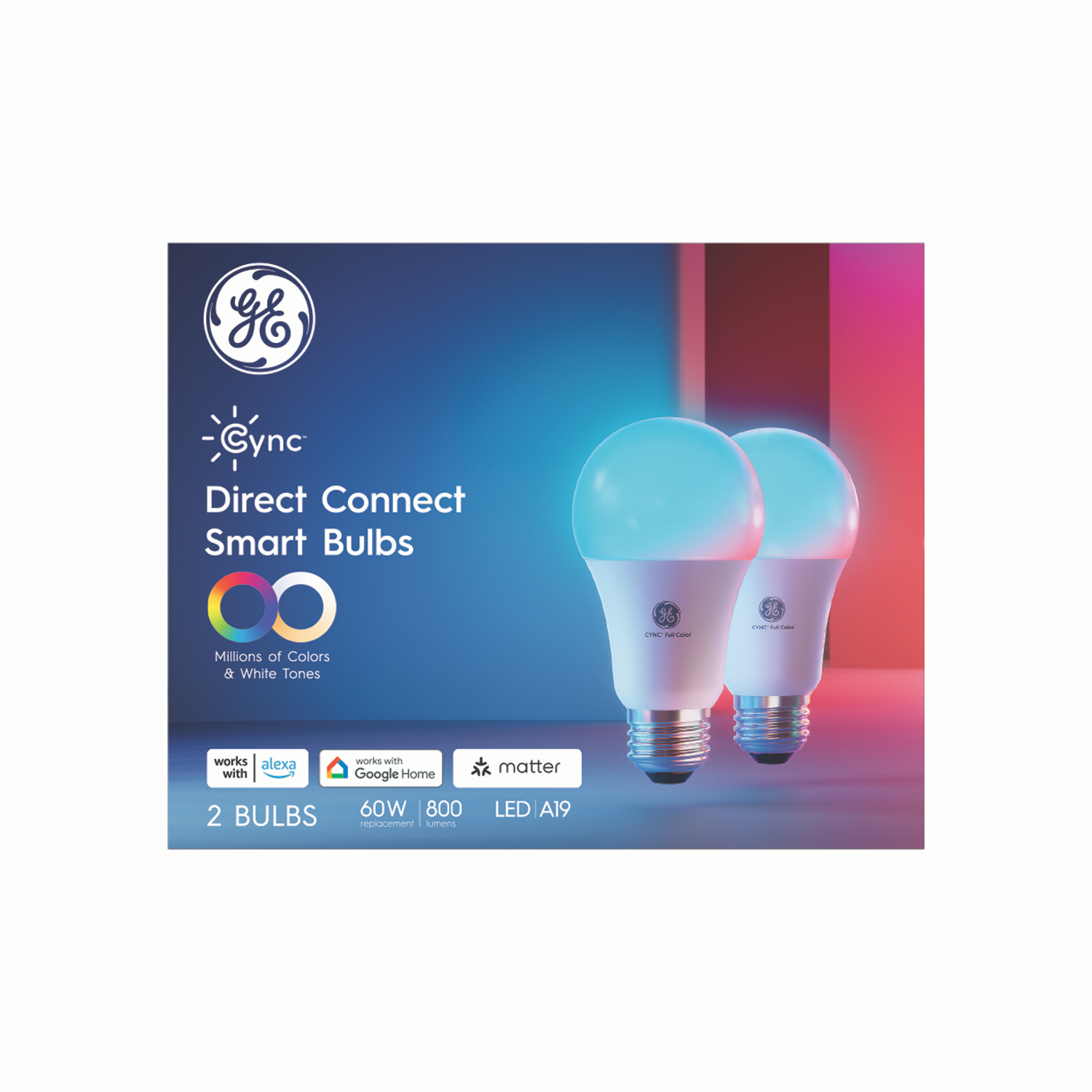 slide 1 of 3, GE Cync Full Color Direct Connect Smart 60W EQ A19 Bluetooth/Wifi Enabled, Works With Alexa, Google Assistant without a Hub Dimmable Light Bulb 2-pack, 2 ct