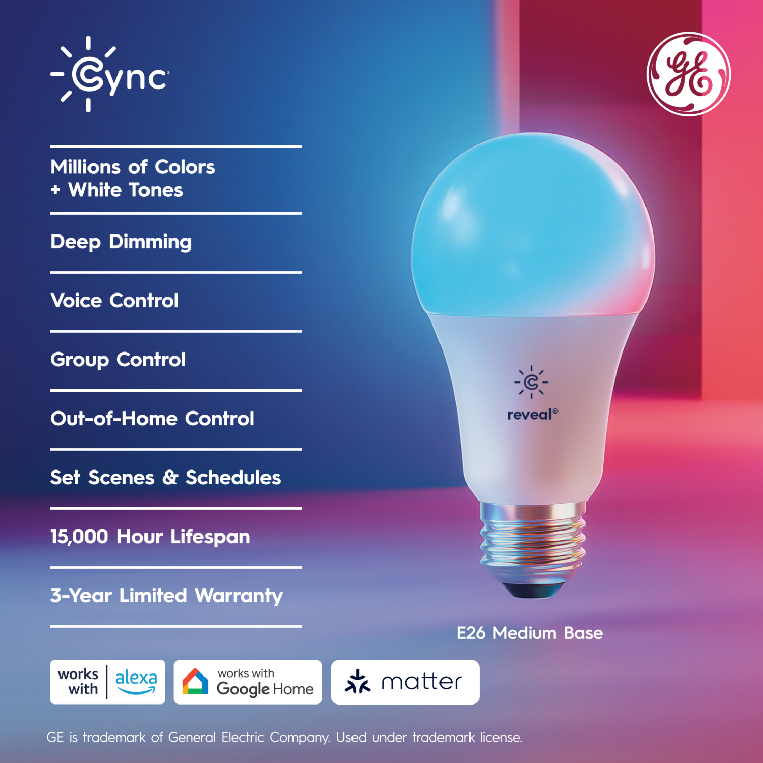 slide 2 of 3, GE Household Lighting GE CYNC Reveal Smart A21 LED Light Bulbs Full Color: Voice Control, Energy Star, Alexa & Google Compatible, 800 Lumens, 1 ct