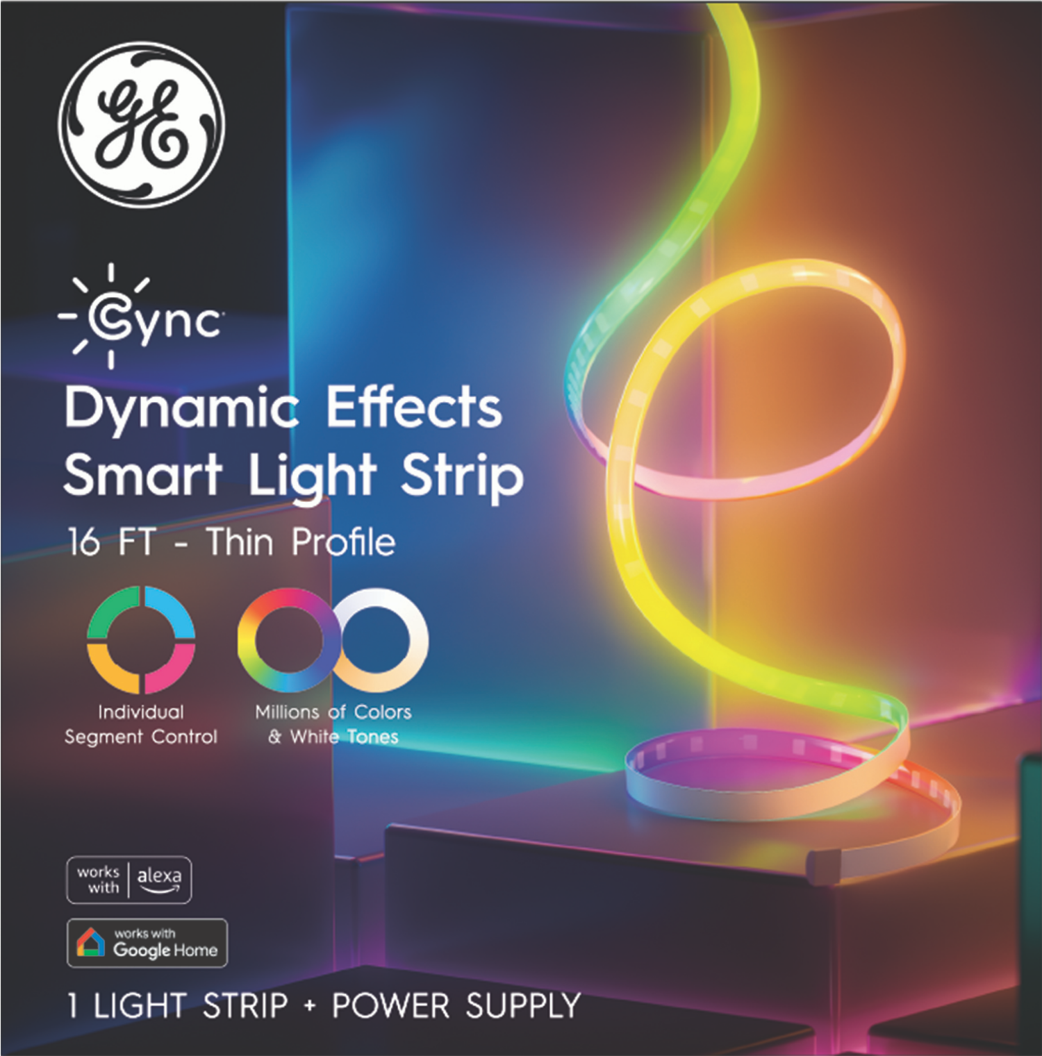 slide 1 of 3, GE Household Lighting GE CYNC Dynamic Effects Smart LED Full Color Light Strip + Power Supply 16' Indoor: Multicolor Novelty Wall Lights, 16 ft