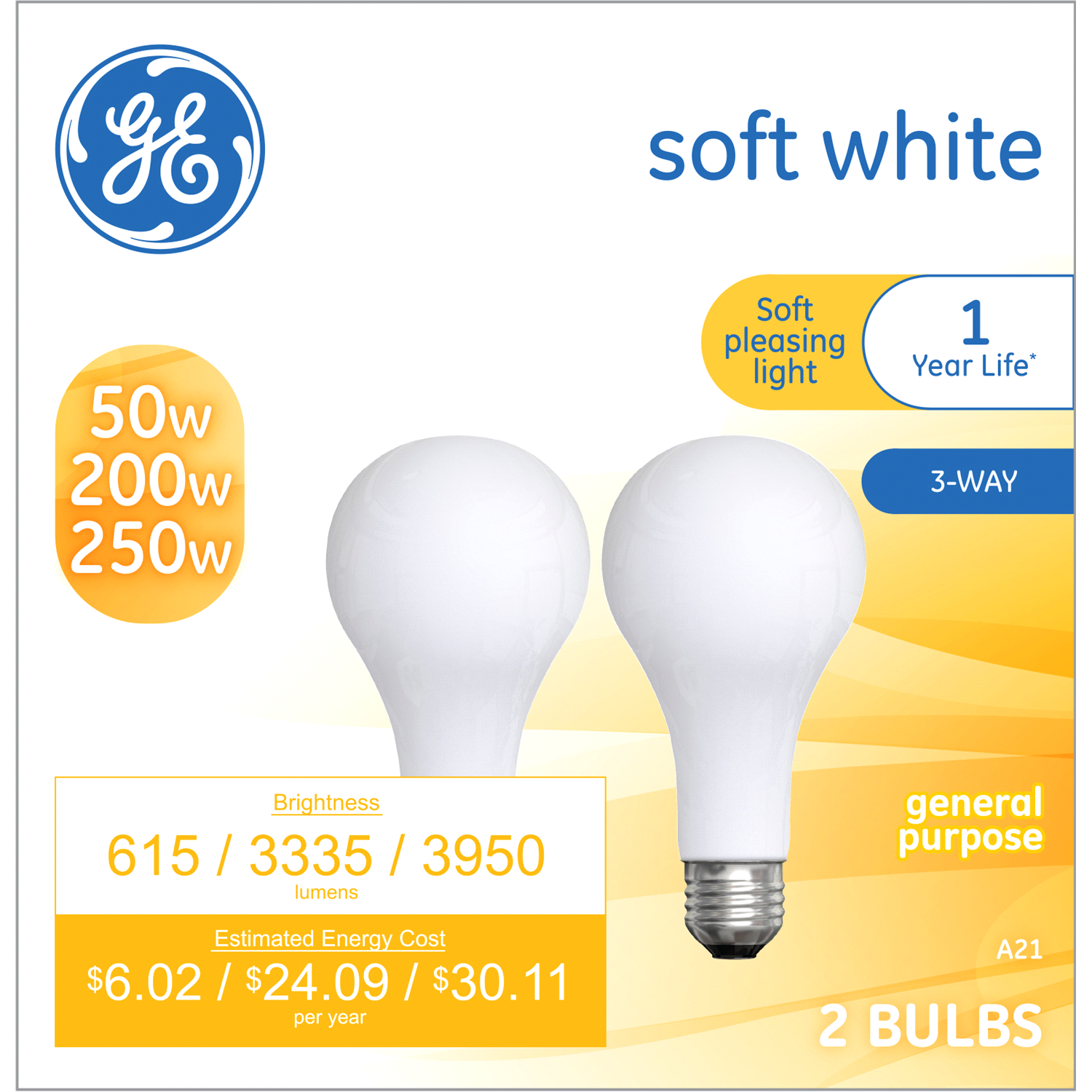 slide 1 of 2, GE Neral Electric Soft White 50-200-250w Incandescent 3-Way Frosted Neral Purpose A21 Light Bulbs (2-Pack), 2 ct