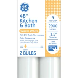 GE 48 Inches Kitchen & Bath Warm White 40 Watts Light Bulbs 2 ea