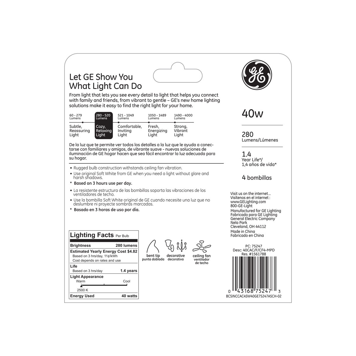 slide 2 of 2, GE 40 Watt Bent Tip, Candelabra Base, Multi Use, Decorative, Frost Bulb, 4 ct