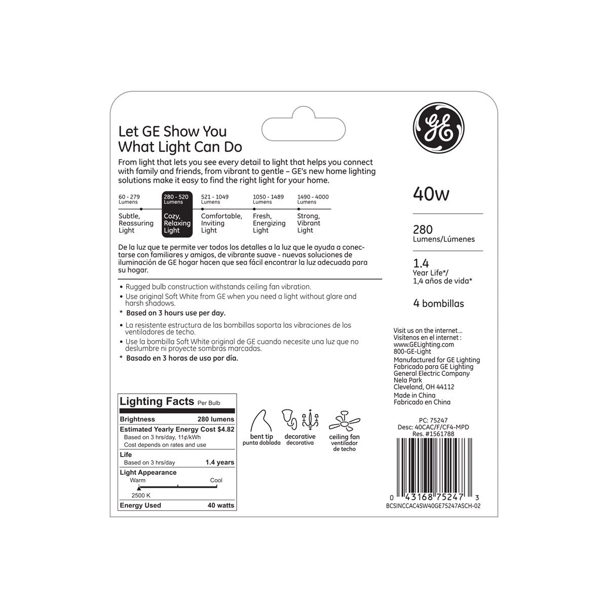 slide 2 of 2, GE 40 Watt Bent Tip, Candelabra Base, Multi Use, Decorative, Frost Bulb, 4 ct