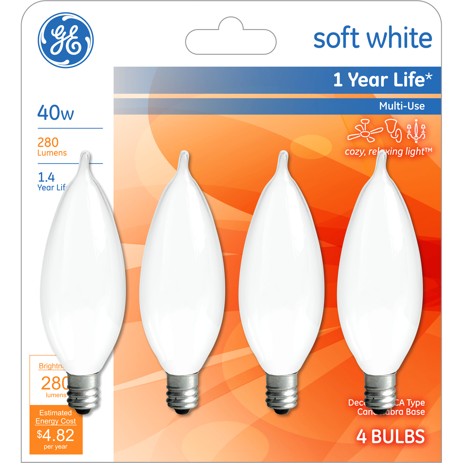 slide 1 of 2, GE 40 Watt Bent Tip, Candelabra Base, Multi Use, Decorative, Frost Bulb, 4 ct