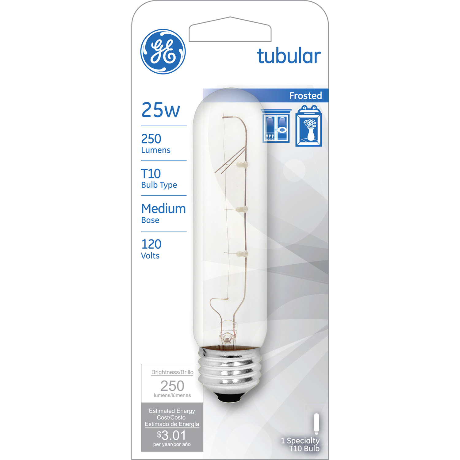 slide 1 of 2, GE 25 Watt T10 Medium Base Tubular, Frost Bulb, 1 ct