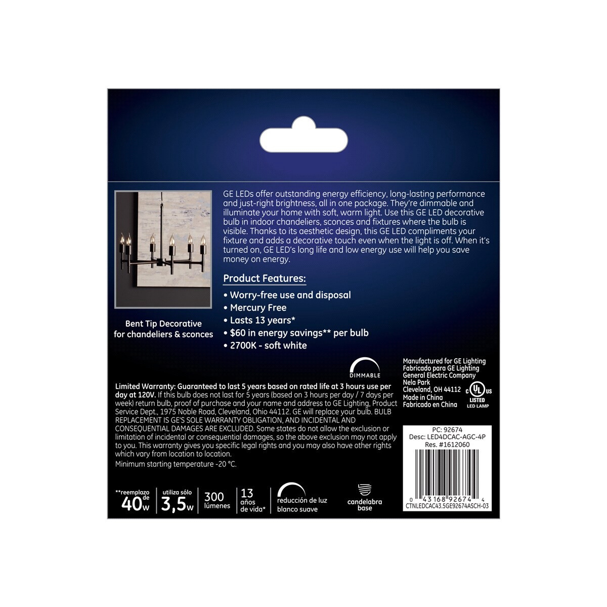 slide 2 of 2, GE Soft White 40W Replacement LED Light Bulbs Decorative Clear Bent Tip Candelabra Base CAC, 1 ct