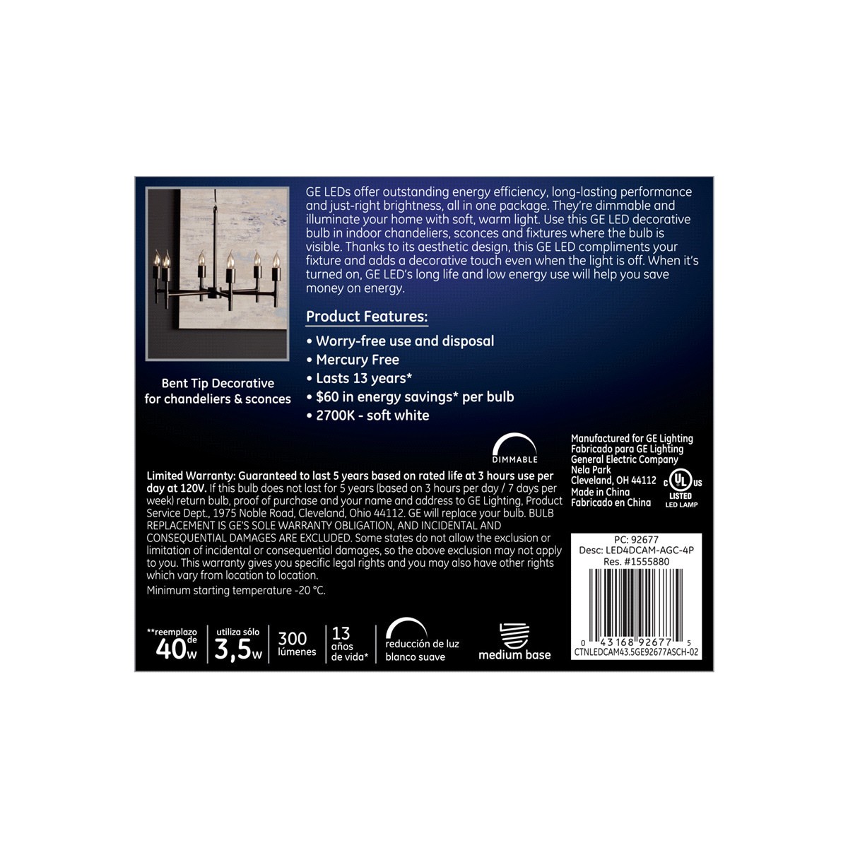 slide 2 of 2, GE Soft White 40W Replacement LED Light Bulbs Decorative Clear Bent Tip Medium Base CAM, 1 ct