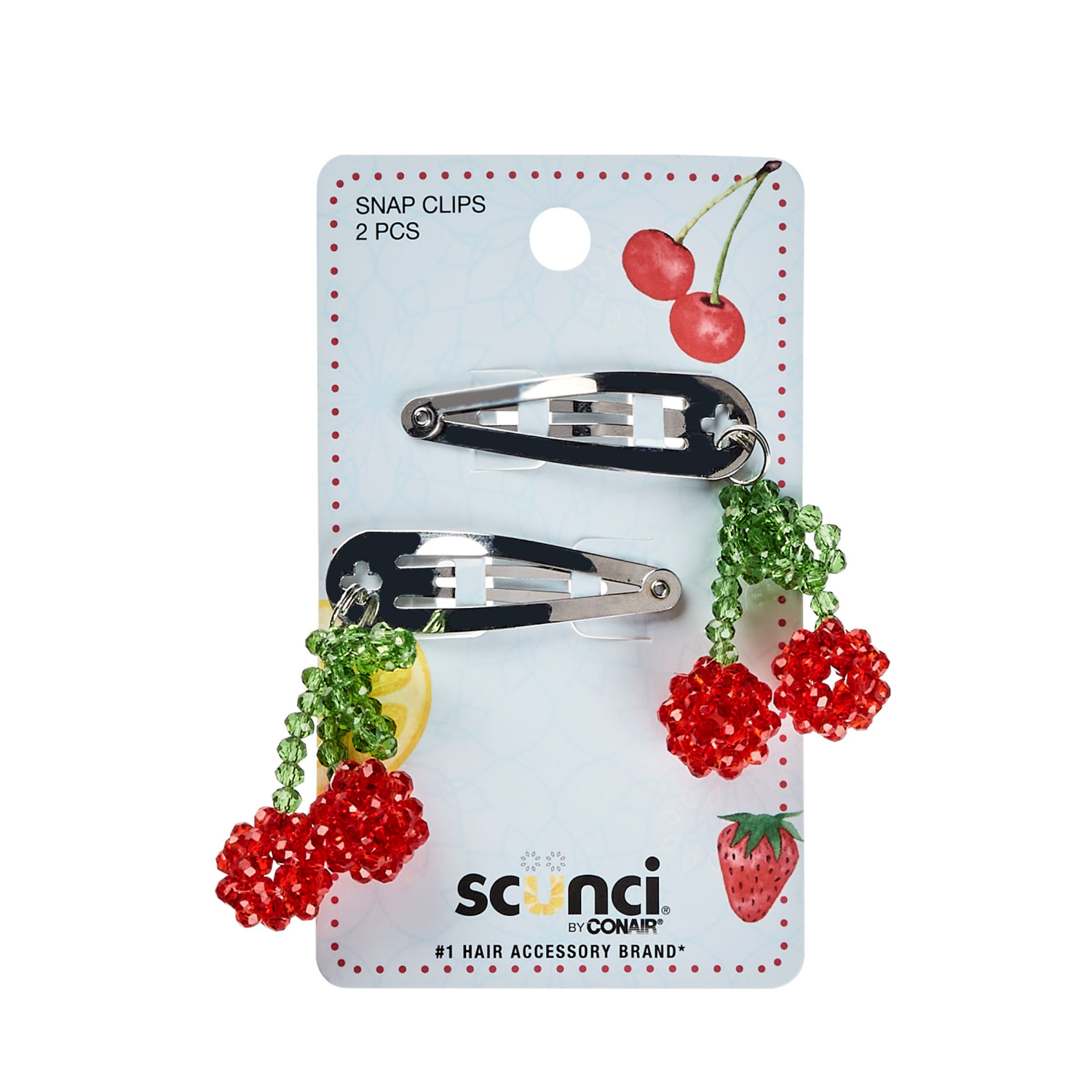 slide 1 of 2, scünci Scunci Snap Clips with Cherries 2 pk, 2 ct