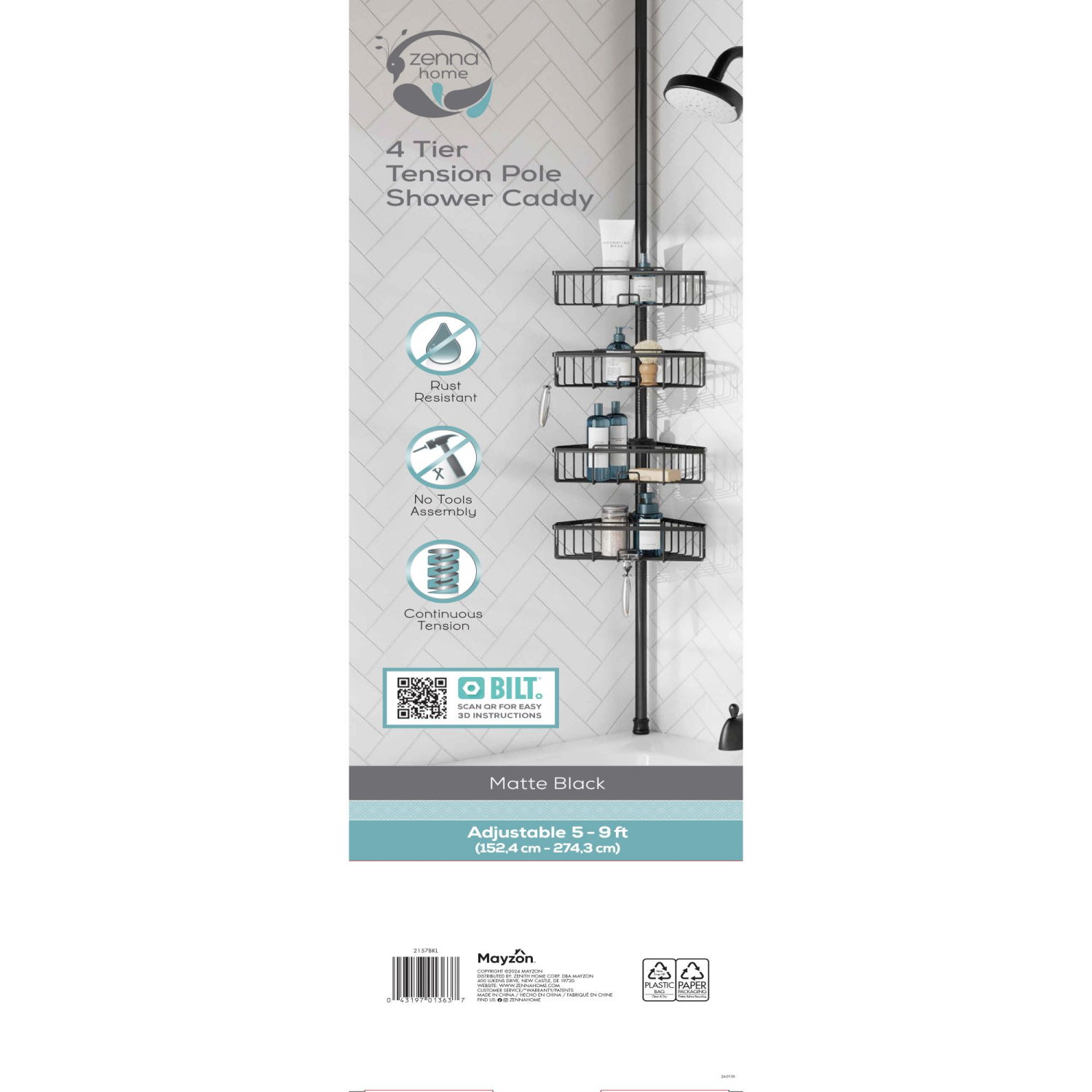 slide 2 of 2, Zenna Home Tension Pole Shower Caddy, 4 Shelf, Adjusts 60" to 108", Matte Black, 60 in