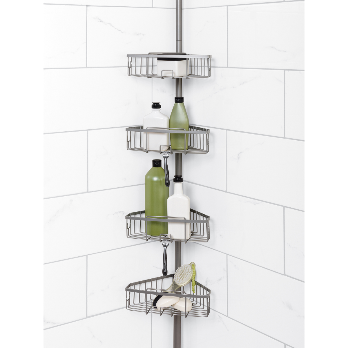 slide 8 of 9, Zenna Home Tension Pole Shower Caddy, Satin Nickel, 1 ct