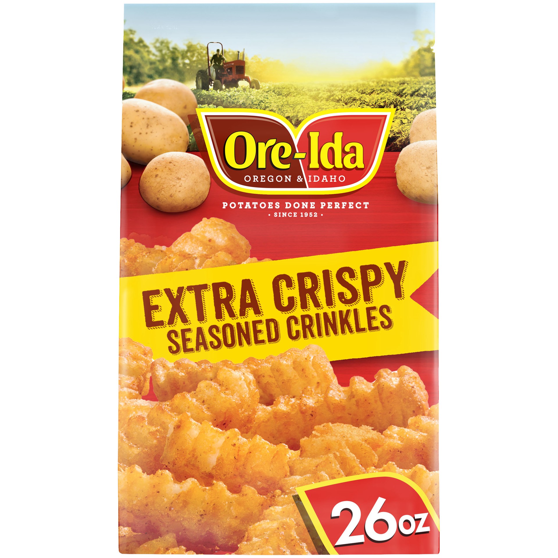 slide 1 of 9, Ore-Ida Extra Crispy Seasoned Crinkles French Fries Fried Frozen Potatoes, 26 oz Bag, 26 oz