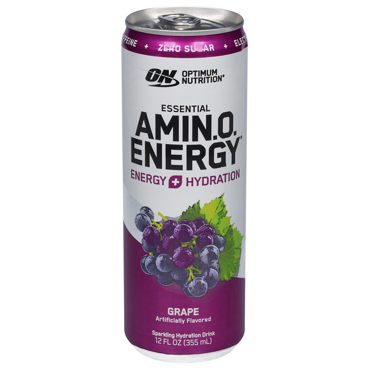 slide 1 of 9, Optimum Nutrition Amin.o. Energy + Electrolytes Sparkling Hydration Drink, Grape, 12 fl oz