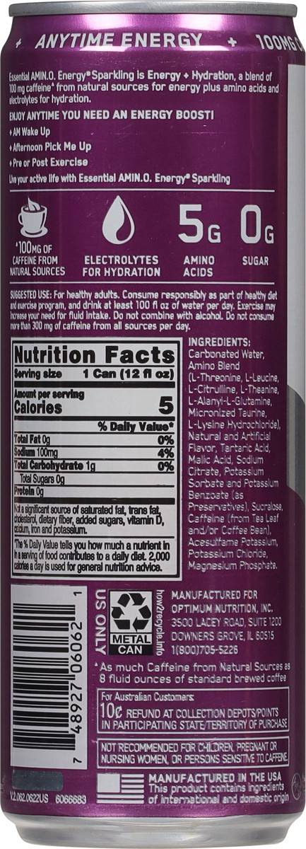 slide 8 of 9, Optimum Nutrition Amin.o. Energy + Electrolytes Sparkling Hydration Drink, Grape, 12 fl oz