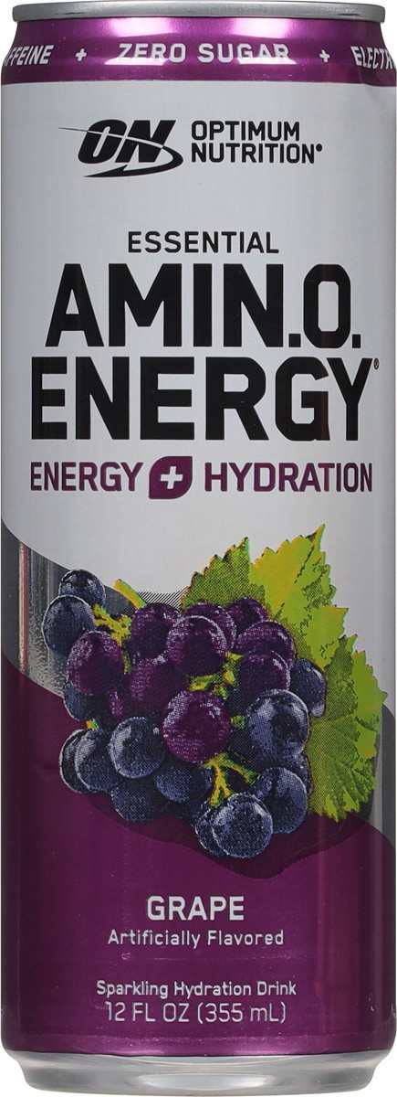 slide 2 of 9, Optimum Nutrition Amin.o. Energy + Electrolytes Sparkling Hydration Drink, Grape, 12 fl oz