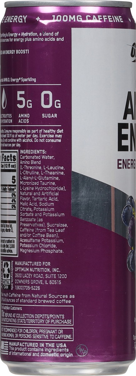 slide 5 of 9, Optimum Nutrition Amin.o. Energy + Electrolytes Sparkling Hydration Drink, Grape, 12 fl oz