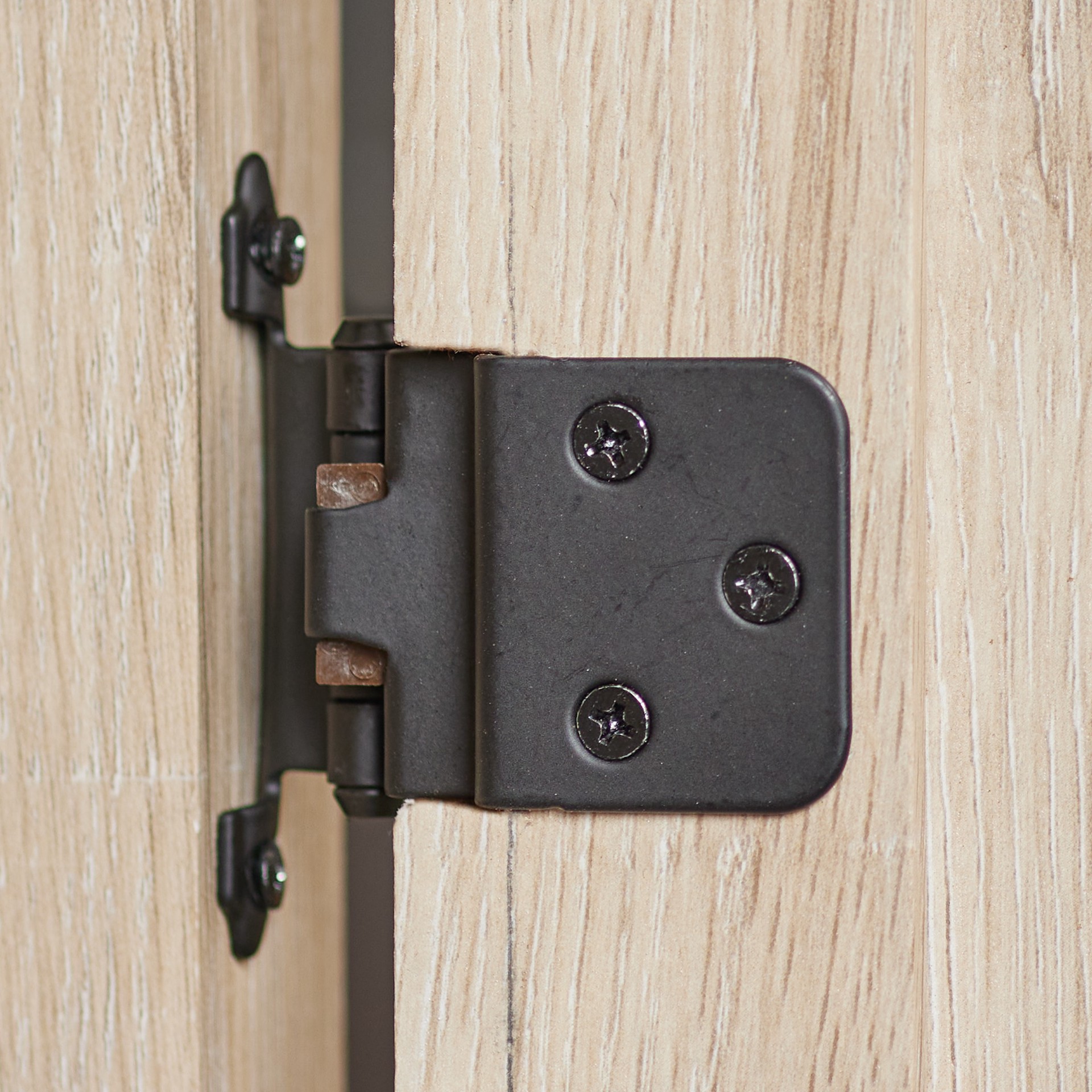 slide 5 of 6, RELIABILT 200-Degree 3/8-in Inset Inset Surface Self-Closing Matte black Cabinet Hinge, 1 Pair(s) 2 -Pieces, 1 ct