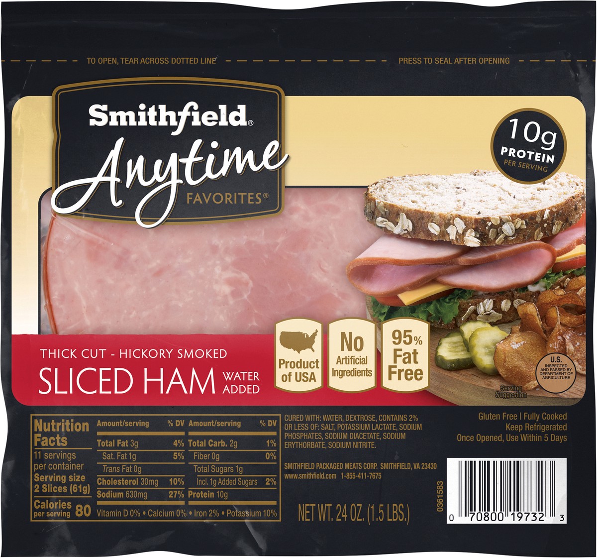 slide 3 of 5, Smithfield Anytime Favorites Thick Cut Hickory Smoked Sliced Ham 24 oz, 24 oz