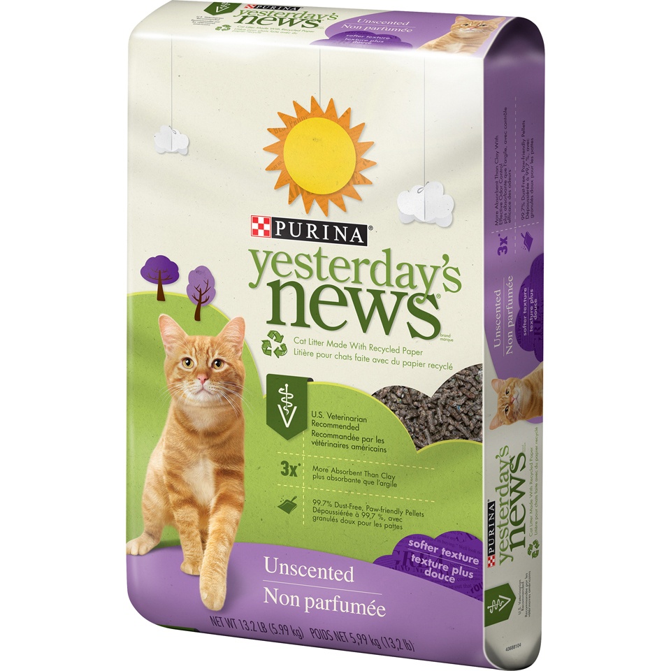 slide 3 of 8, Purina Yesterday's News Non Clumping Paper Cat Litter, Softer Texture Unscented Cat Litter, 13.20 lb