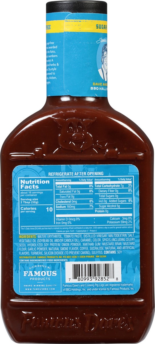 slide 7 of 14, Famous Dave's Sugar Free Mild Smoky + Sweet BBQ Sauce 18 oz, 18 oz