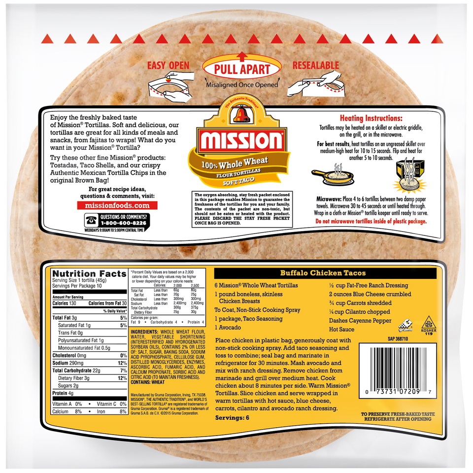 slide 2 of 4, Mission 100% Whole Wheat Soft Taco Flour Tortillas, 10 ct; 16 oz