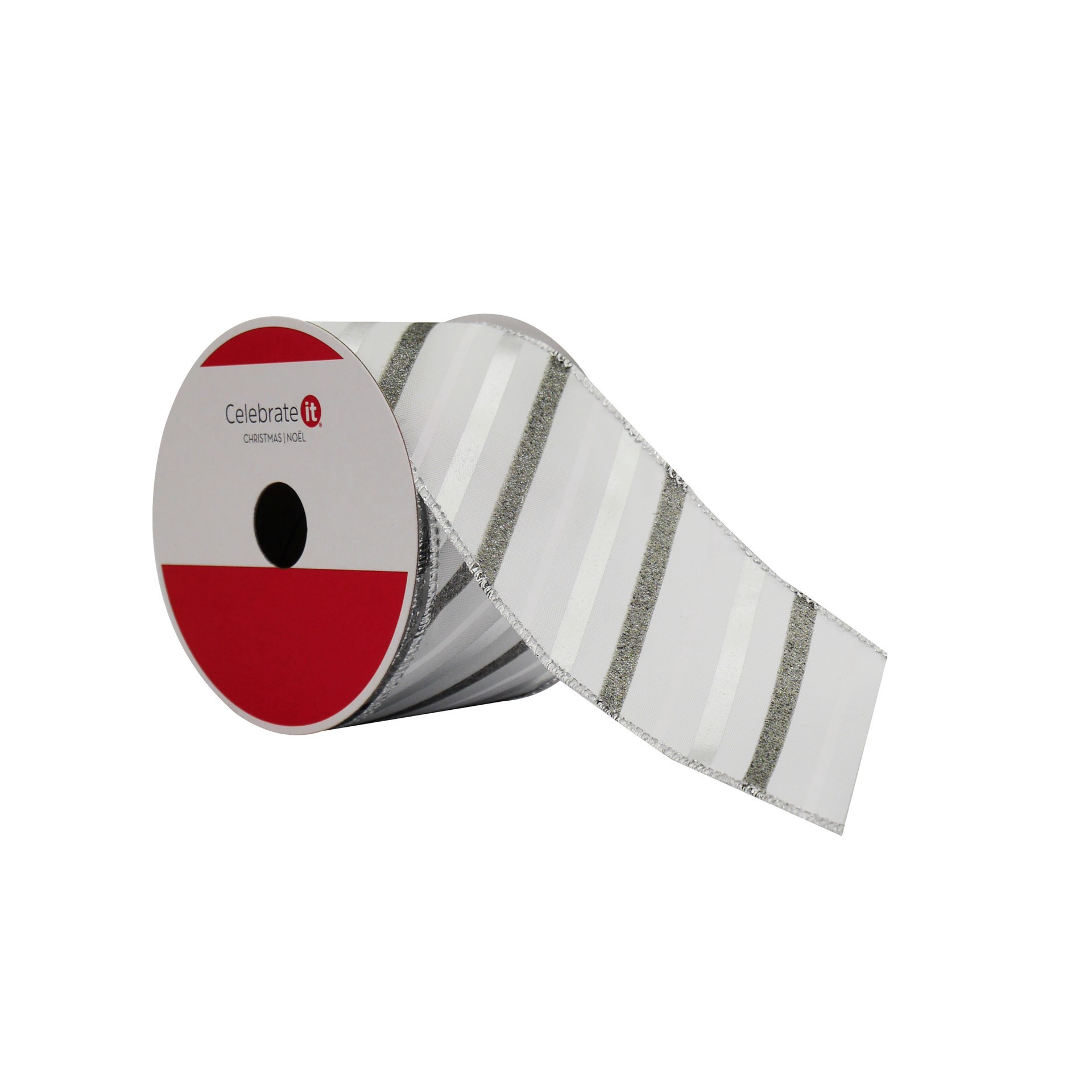 slide 2 of 3, 2.5" X 20ft. Silver Stripes White Taffeta Wired Ribbon By Celebrate It, 2.5 in x 20 ft