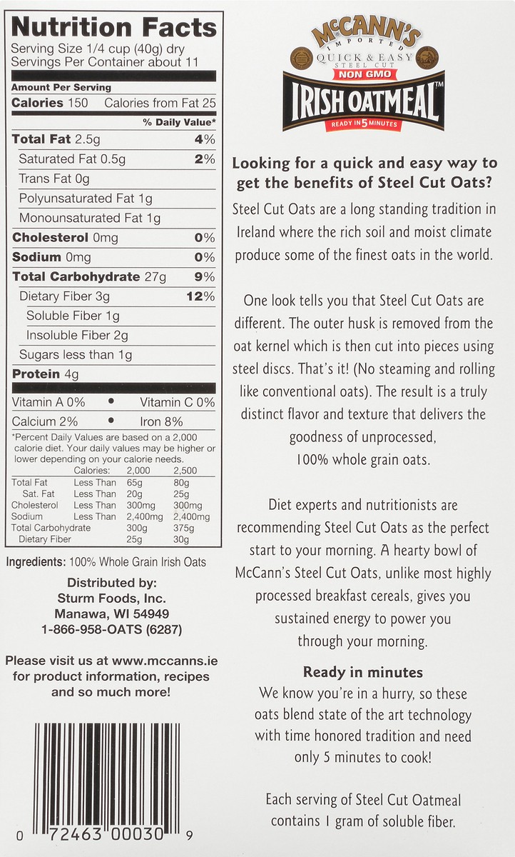 slide 5 of 9, McCann's Imported Original Quick & Easy Steel Cut Irish Oatmeal, Instant Oatmeal, Kosher, 16 OZ Box, 16 oz