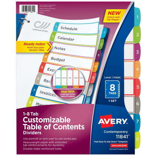 slide 1 of 9, Avery Preprinted Tab Dividers, White/Multicolor, 8 ct; 8 1/2 in x 11 in
