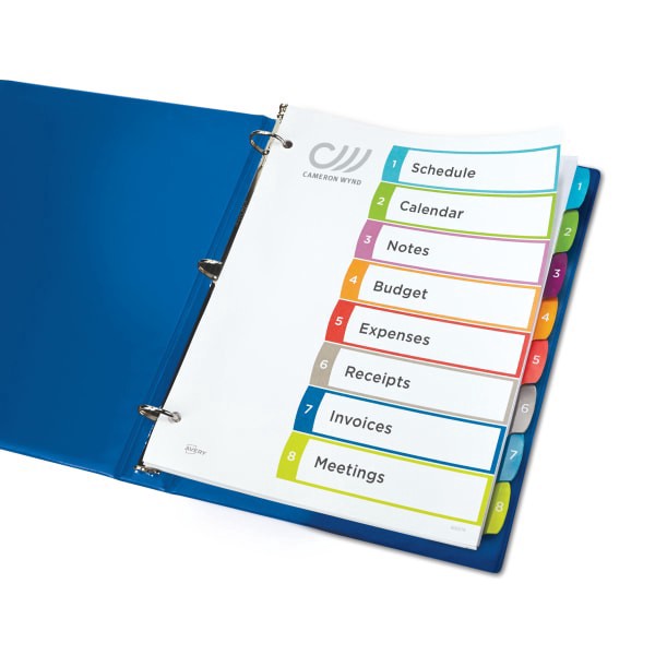 slide 8 of 9, Avery Preprinted Tab Dividers, White/Multicolor, 8 ct; 8 1/2 in x 11 in