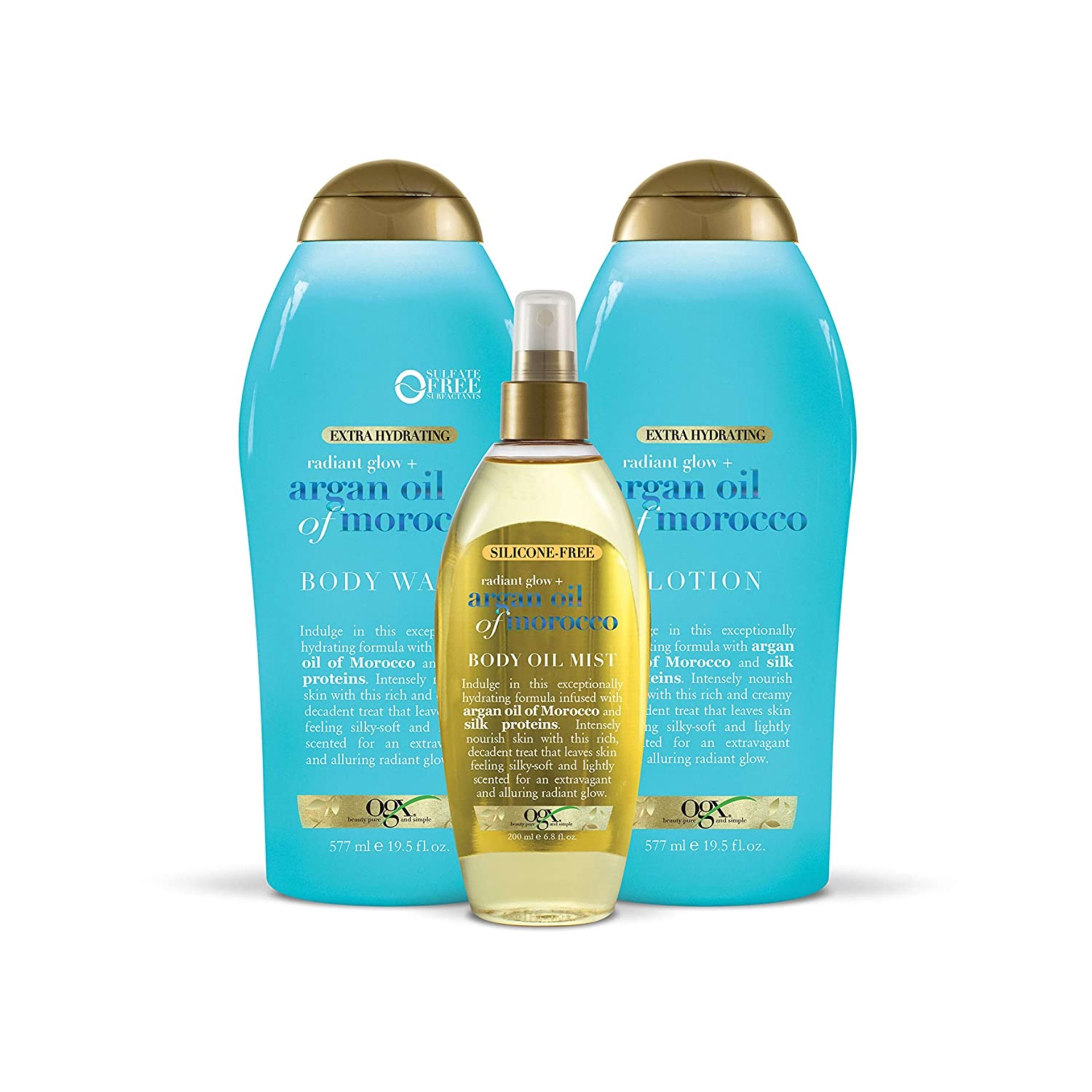 slide 3 of 6, OGX Radiant Glow + Argan Oil of Morocco Extra Hydrating Body Lotion for Dry Skin, Nourishing Creamy Body & Hand Cream for Silky Soft Skin, Paraben-Free, Sulfated-Surfactants Free, 19.5 Ounce, 19.50 fl oz