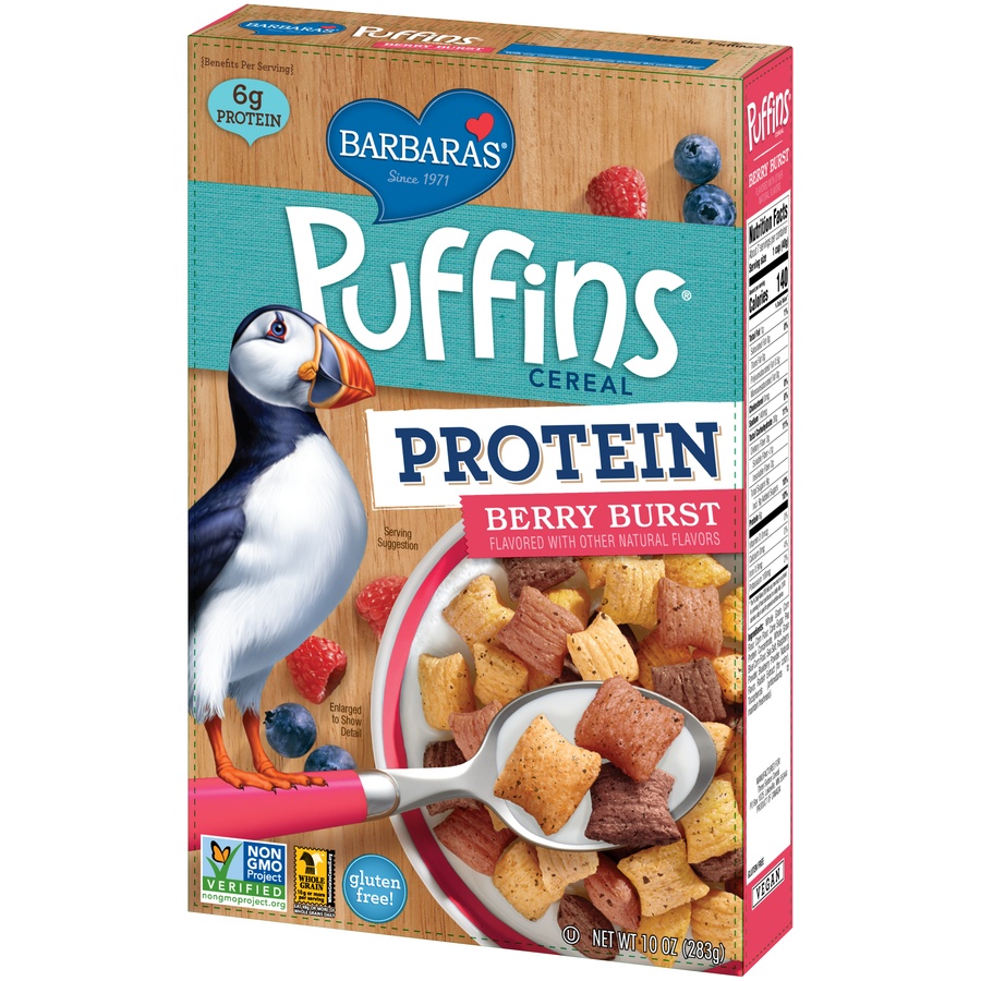 slide 3 of 8, Barbara's Puffins Protein Berry Burst Cereal, 10 oz