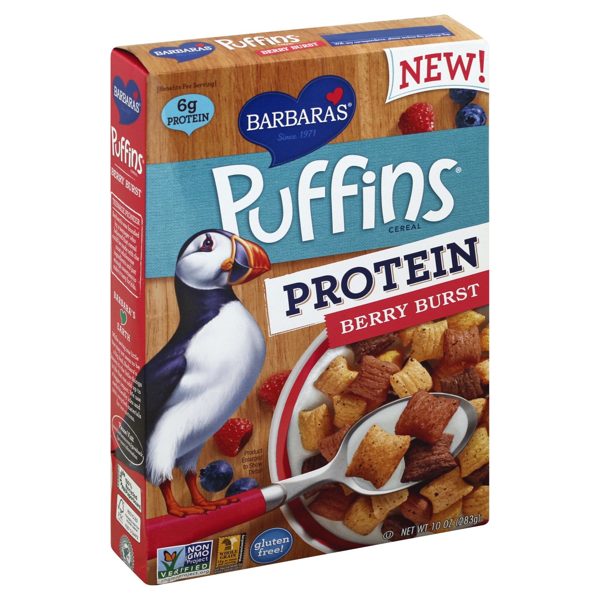 slide 1 of 8, Barbara's Puffins Protein Berry Burst Cereal, 10 oz